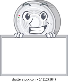 Grinning with board smoke detector attached the character wall