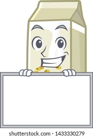 Grinning with board soy milk in a cartoon box