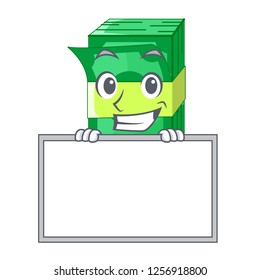 Grinning with board stack money shape cartoon on table
