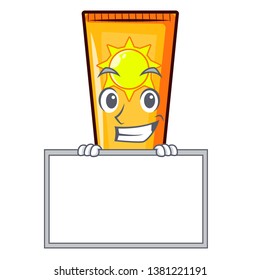 Grinning with board sun cream in the mascot shape