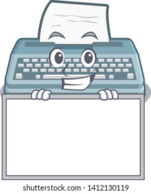Grinning with board typewriter toy on character 
