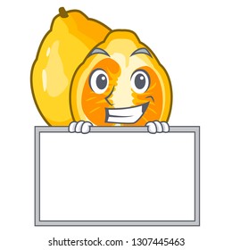Grinning with board ugli fruit above the cartoon table