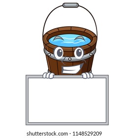 Grinning with board wooden bucket character cartoon