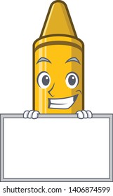 Grinning with board yellow crayon in the character chair
