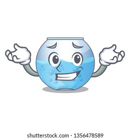Grinning bowl cartoon aquarium above wooden table