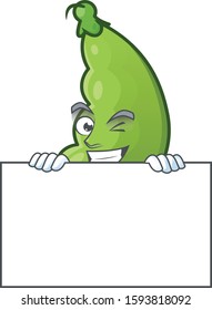 Grinning broad beans cartoon character style hides behind a board