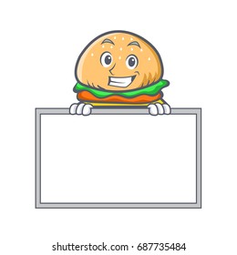 Grinning burger character fast food with board