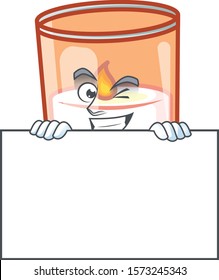 Grinning candle in glass cartoon character style hides behind a board