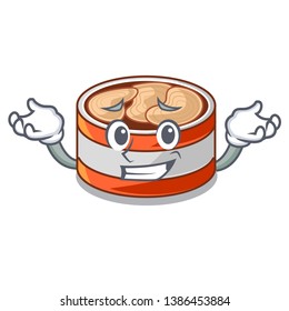 Grinning canned tuna above character wooden table