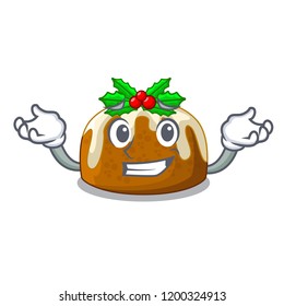 Grinning cartoon homemade christmas pudding with holly