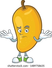 Grinning cartoon of mango character on a white background.