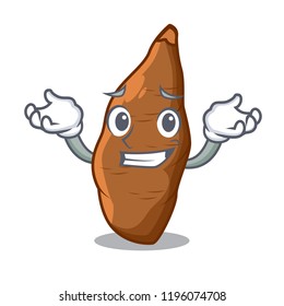 Grinning cassava root on the plate cartoon