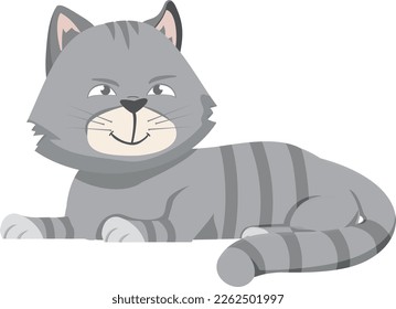 Grinning cat. Fluffy gray pet. Sneaky character