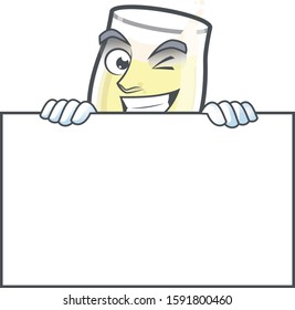 Grinning champagne glass cartoon character style hides behind a board