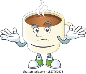 Grinning character cup coffee in cartoon mascot.