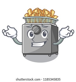 Grinning character deep fryer on restaurant kitchen