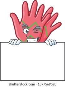 Grinning christmas gloves cartoon character style hides behind a board