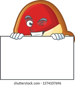 Grinning christmas hat cookies cartoon character style hides behind a board