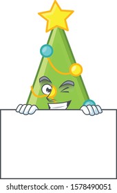 Grinning christmas tree decoration cartoon character style hides behind a board