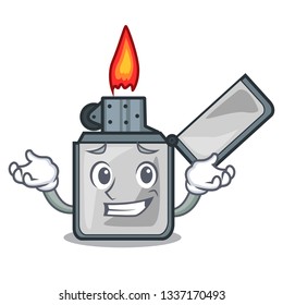 Grinning cigarette lighters above wooden character tables