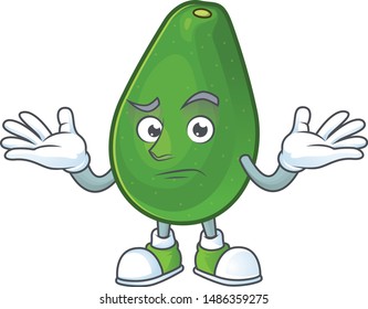 Grinning cute avocado cartoon on white background