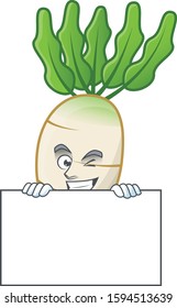 Grinning daikon cartoon character style hides behind a board