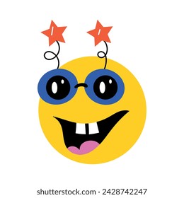 Grinning emoji with funny prop glasses, flat style sticker 