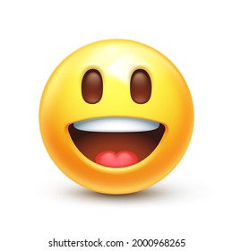 Grinning Emoji. Happy Excited Emoticon, Inspired Yellow Face With Big Eyes 3D Stylized Vector Icon