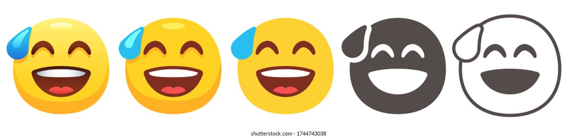 Grinning emoji with sweat drop. Don't funny, awkward joke or embarrassed laughing emoticon vector flat icon set