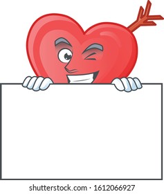 Grinning face arrow love cartoon character style hides behind a board