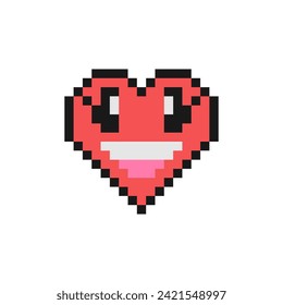 Grinning face with big eyes. Pixel style heart emoji. Smiling face illustration. 90s style heart shaped emoticon. Vintage love emoticons flat design. Pixelated retro game 8 bit design illustration.