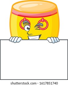 Grinning face chinese gold drum cartoon character style hides behind a board
