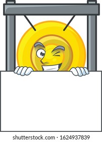 Grinning face chinese gong cartoon character style hides behind a board