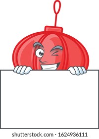 Grinning face chinese lampion cartoon character style hides behind a board