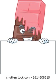 Grinning face chocolate bar with pink cream cartoon character style hides behind a board