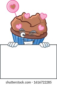 Grinning face chocolate love cupcake cartoon character style hides behind a board