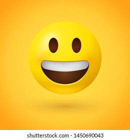 Grinning face emoji with simple, open eyes and a broad, open smile, showing upper teeth - smiling emoticon character design