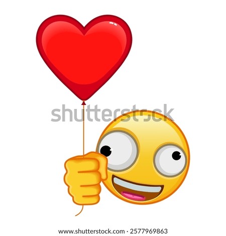 A grinning face with large small eye with red heart baloon Large size of yellow emoji smile