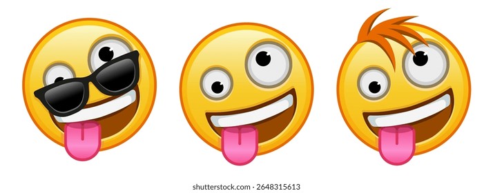 A grinning face with one large and one small eye Set of three emoji