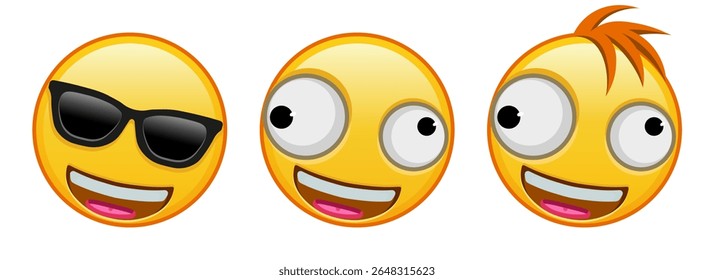 A grinning face with one large and one small eye Set of three emoji