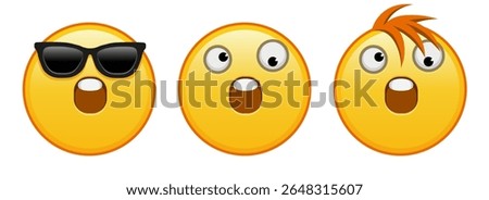 A grinning face with one large and one small eye Set of three emoji