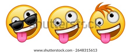 A grinning face with one large and one small eye Set of three emoji