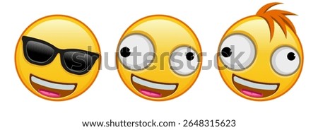 A grinning face with one large and one small eye Set of three emoji