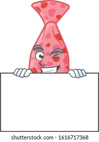 Grinning face pink love tie cartoon character style hides behind a board