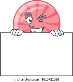 Grinning face pink round lollipop cartoon character style hides behind a board