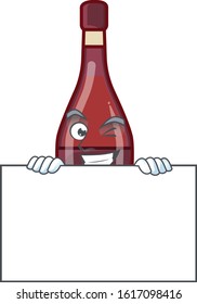 Grinning face red bottle wine cartoon character style hides behind a board