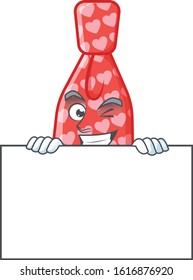 Grinning face red love tie cartoon character style hides behind a board