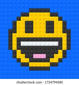 Grinning face with smiling eyes emoji from plastic building bricks blocks toy. Blue background. vector illustration.