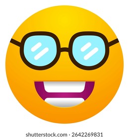 Grinning face with smiling eyes and glasses emoji. Nerd, smart, happy, friendly, or cheerful expression