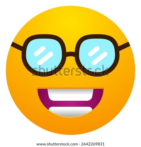 Grinning face with smiling eyes and glasses emoji. Nerd, smart, happy, friendly, or cheerful expression